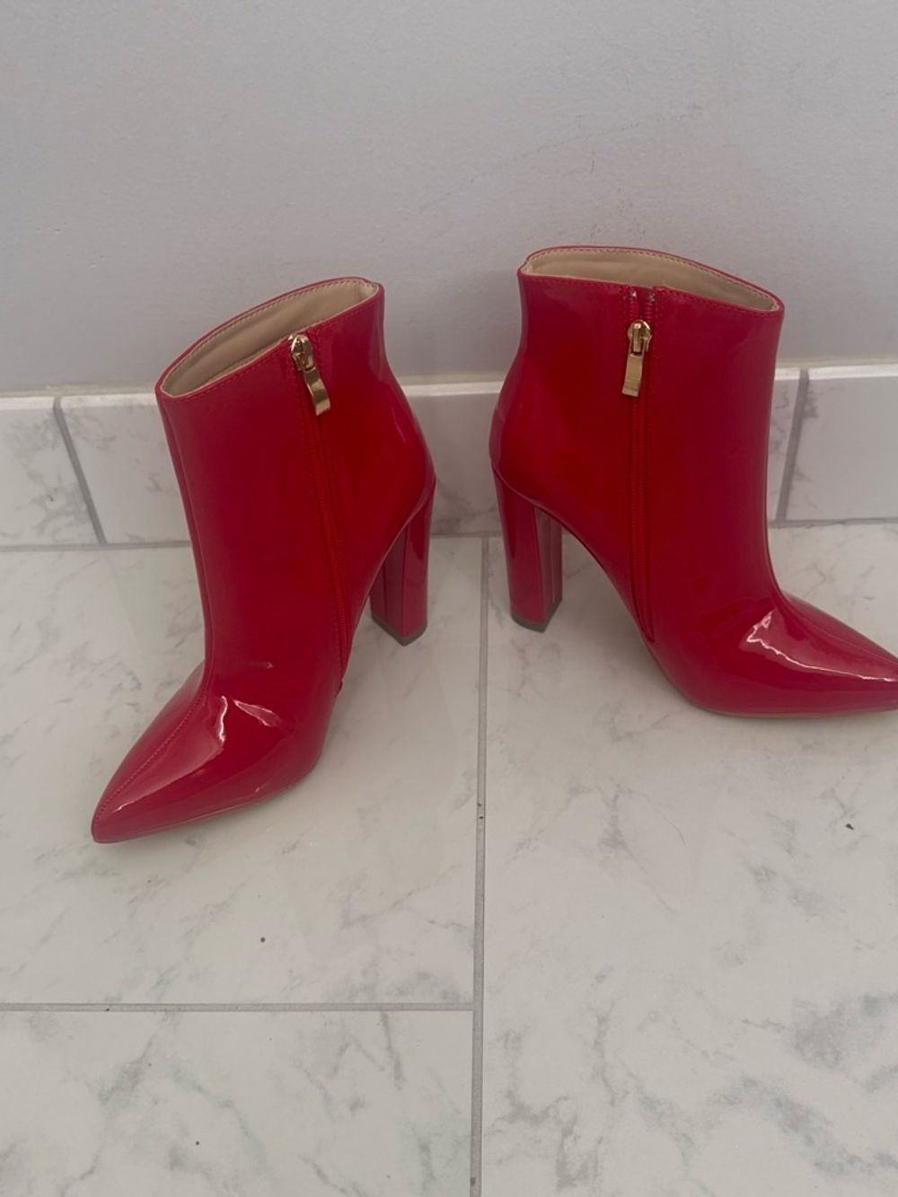 Patent Red Pointed-Toe Ankle Booties with Block Heel